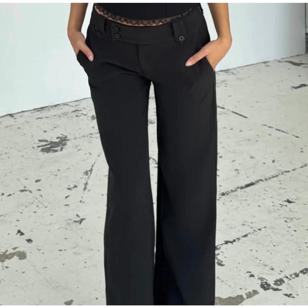 NWT Women's Size M Venderbys Black Low Rise Button Detail Wide Leg Trousers Pant